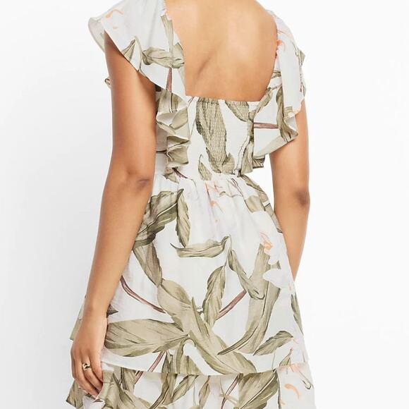 EXPRESS Tropical Leaf Print V-Neck Ruffle Mini Dress Smocked {3G10} - Picture 5 of 6